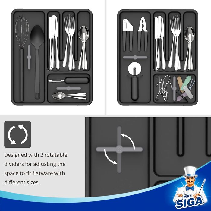 MR.SIGA Expandable Cutlery Box for Drawers, Utensil Holder Kitchen, Adjustable Cutlery Organizer for Cutlery, Kitchen Gadgets and Cooking Accessories, Black