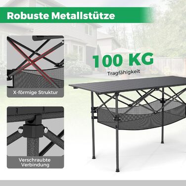 Складний кемпінговий стіл COSTWAY 119x55 см з алюмінієвою стільницею та сітчастою корзиною, до 100 кг, з сумкою для перенесення, для кемпінгу, саду (Чорний)