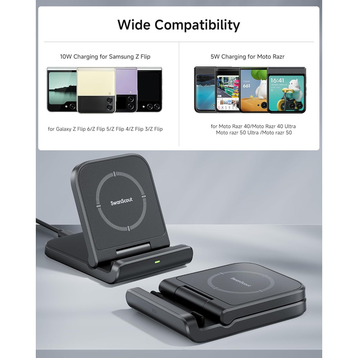 Бездротова зарядка SwanScout для Samsung Galaxy Z Flip 7/7 FE, 6/5/4/3 та Moto Razr 60/50/40 (Ultra), SwanScout 501S (чорний)