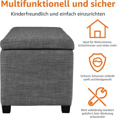 Amazon Basics м'яка лавка для передпокою з відсіком для зберігання, прямокутна, оббивка під льон, темно-сіра, 42x91x43 см, пуф для спальні та коридору