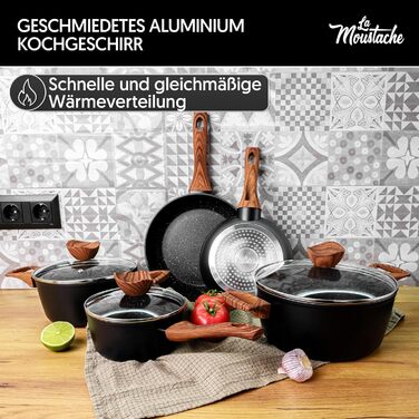 La Moustache - 8-Piece Cookware Set, Non-Stick Aluminum, 3 Pots with 3 Tempered Glass Lids and 2 Frying Pans for All Cooktops, Including Induction (Onix)