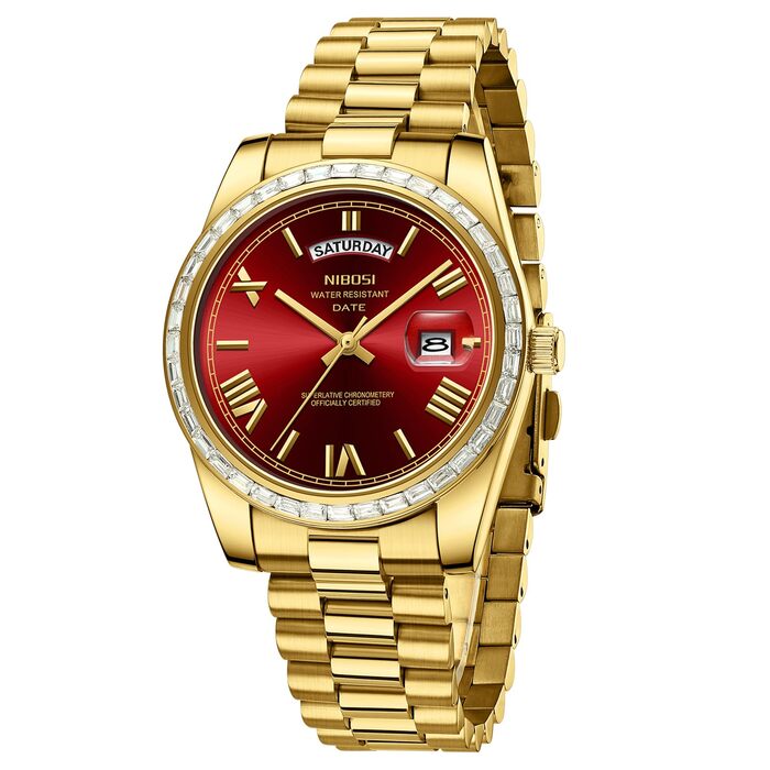 Годинник NIBOSI для чоловіків: аналоговий кварцовий годинник з діамантовою лускою, сталевий циферблат рожевого золота, срібний, водонепроникний, бізнес-стиль, класичний годинник з датою та індикатором дня тижня (золотий, червоний)