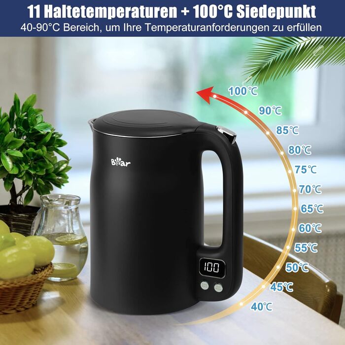 Bear 1.7L Stainless Steel Electric Kettle with Precise Temperature Control (40°C - 100°C), 1800W, Boil-Dry Protection, Double Anti-Scald, BPA-Free, LCD Display