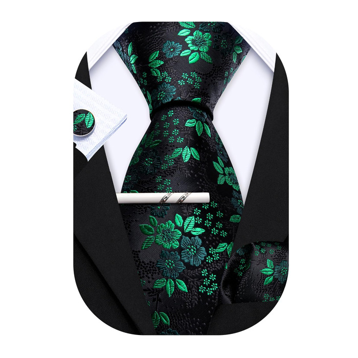 Комплект краваток Barry.Wang: краватка, кишеньковий хустинка та запонки. Чорний колір з зеленим квітковим візерунком, для весілля та ділових зустрічей