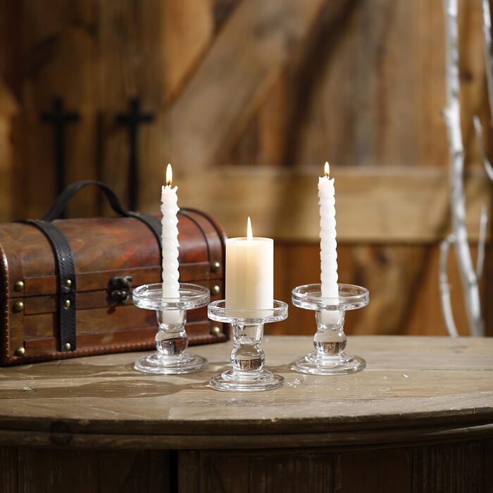 Glass Candle Holders for Pillar Candles/Taper Candles, Decorative Candle Stands, Set of 3, for Formal Events, Wedding, Church, Holiday Decorations, Table Decorations