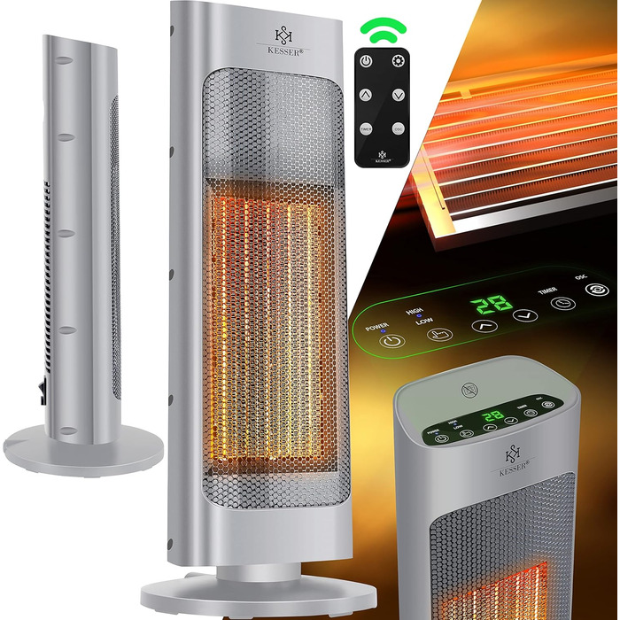 KESSER® Heater with Remote Control - Energy-Saving, Quiet, 2000W Ceramic Heater, Standing Heater, 15-30°C - Quick Heater with 80° Oscillation Function, 24h Timer, Tower Heater, Black