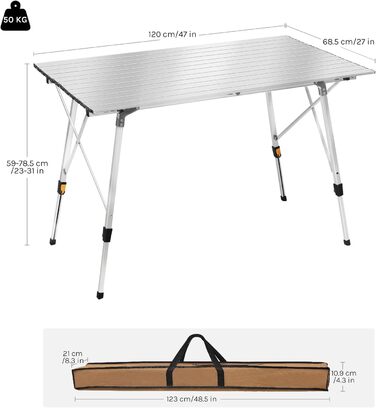 Стіл туристичний розкладний WOLTU, 120x68.5 см, сріблястий. Регульована висота, з сумкою та розкатним покриттям. Для кемпінгу, саду, балкону (4-6 осіб)
