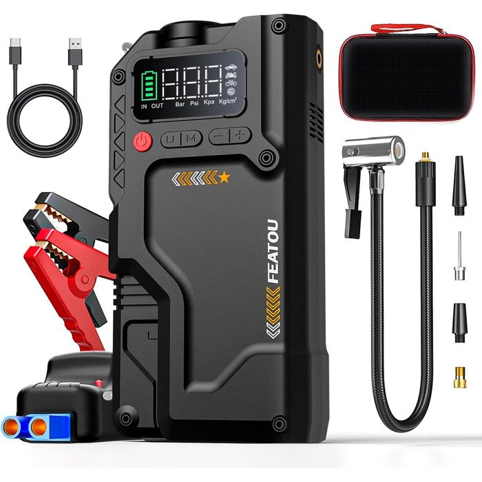 Powerbank для автомобіля Starthilfe з компресором 150PSI, 6000A, 12V, для бензинових та дизельних авто (до 10л), QC3.0, LCD, ліхтарик