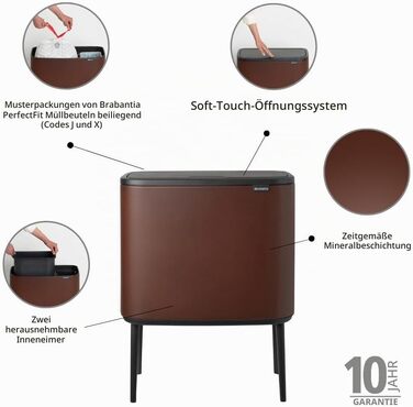 Сміттєвий відер Brabantia Bo Touch Bin на 36 л, металевий, з двома внутрішніми відрами (11л + 23л), колір Mineral Cosy Brown, 54 x 32 x 68 см