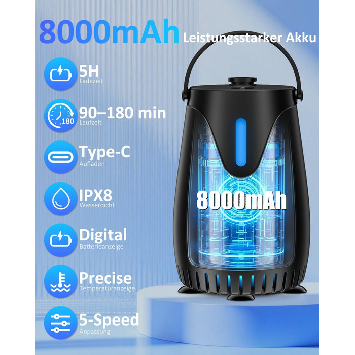 Camping душ Spopal з насосом 8000mAh, портативний, з вимірюванням температури, нічником, IPX8, для подорожей, поливу квітів, автомийки, миття тварин