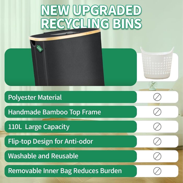 110L Deposit Bottle Collection Container with Lid & 2 Removable Carrying Bags, Large Deposit Bottle Storage, Container for Empty Bottles & Recyclable Glass Storage, Kitchen Pantry Bottle Bag