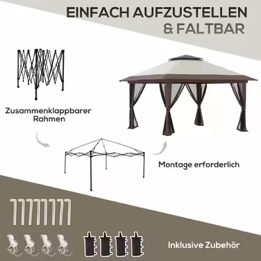 Outsunny Folding Gazebo 4x4m Garden Gazebo Adjustable Height with UV Protection & Mosquito Curtains, Double Roof in Beige for Garden Parties