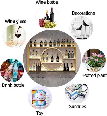 Металева вітрина для вина на стіну, кругла, 140x15x80 см, золото. Підійде для бару, ресторану, дому. Багатофункціональна полиця для зберігання.