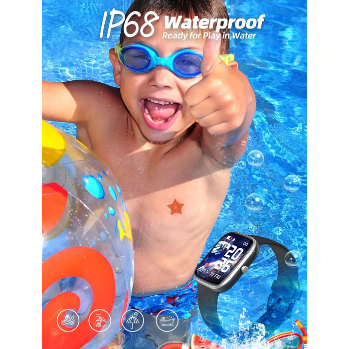 Дитячий розумний годинник Kinder Smartwatch для хлопчиків та дівчаток. Водонепроникний фітнес-трекер IP68, моніторинг серцевого ритму та сну, 19 спортивних режимів, крокомір, будильник. Подарунок для дітей від 5 років. Чорний колір.