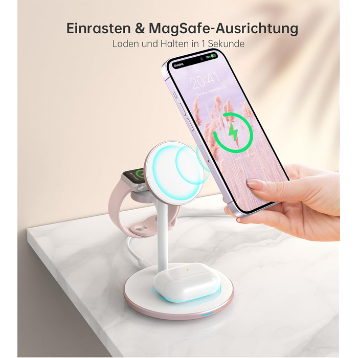База для бездротової зарядки 3-в-1: iPhone, iWatch, AirPods. 15W, MagSafe, рожеве золото