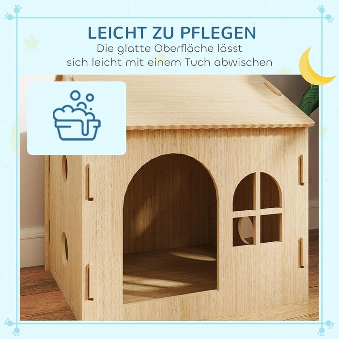 PawHut Indoor Pet House with Window - Wooden Dog & Cat Bed, No-Screw Assembly, Small Pets Up to 4kg, Oak Finish