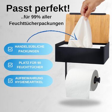 Pandonix Stainless Steel & Bamboo Toilet Paper Holder with Wet Wipe Dispenser - No Drill Installation - Black