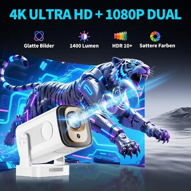 4K проєктор Beamer Full HD 1080P Android: портативний міні-проєктор з WiFi 6, Bluetooth 5.2, 270° обертанням, підтримкою PC/HDMI/USB, з пультом та мишкою, білий