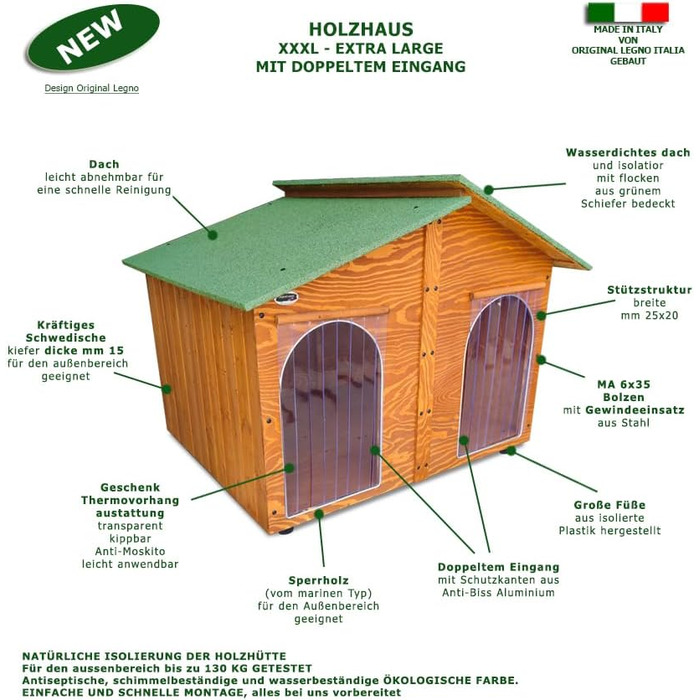 Будка для собак LEGNO з верандою, XXXL, з подвійним входом, з масивного дерева, Made in Italy