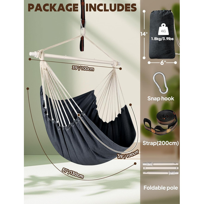 Підвісне крісло-гойдалка Chihee для саду, тераси, дому. Бавовняна гамака 130x100 см, темно-сіра. Комфорт та довговічність.