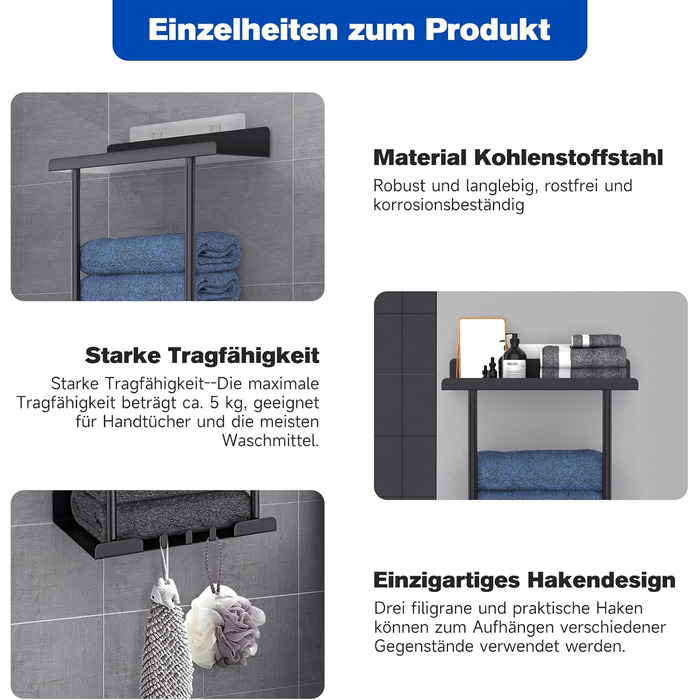 Danclit Towel Holder No Drilling, Carbon Steel Double Self-Adhesive Black Towel Hooks for Bathroom Kitchen