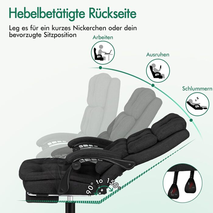 Офісне крісло ALFORDSON з регулюванням нахилу 150°, обертання 360° та підставкою для ніг. PU-шкіра, глянцево-чорний колір (Palmer - Льняний Чорний)