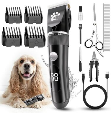 Професійний собачий триммер для собак та котів, бездротовий, 2 швидкості, LED-дисплей, IPX5, для собак та котів середніх та малих порід