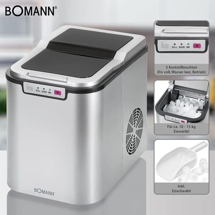 Машина для приготування льоду Bomann® EWB 6068 CB (срібна) - швидке виробництво, до 10 кг на добу, 2 розміри кубиків льоду, 1,1 л резервуар для води, з лопаткою