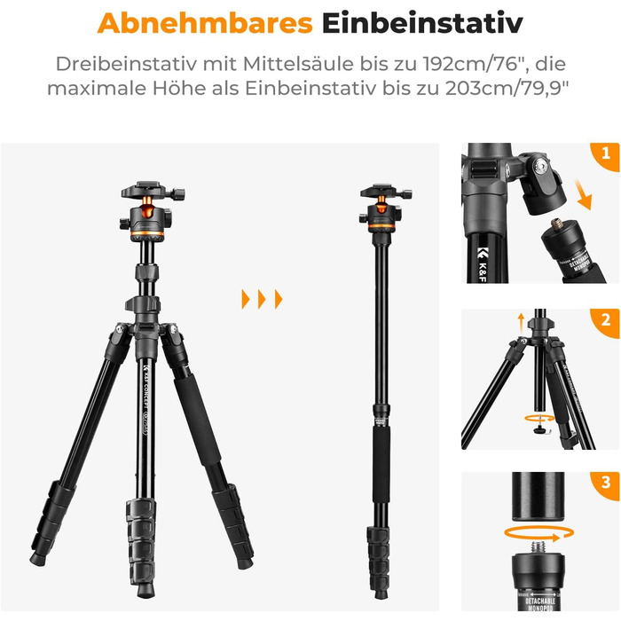Штатив K&F Concept S255A3+BH-36, 190 см, для камери/DSLR/Camcorder, з тримачем для смартфона/планшета, чорний