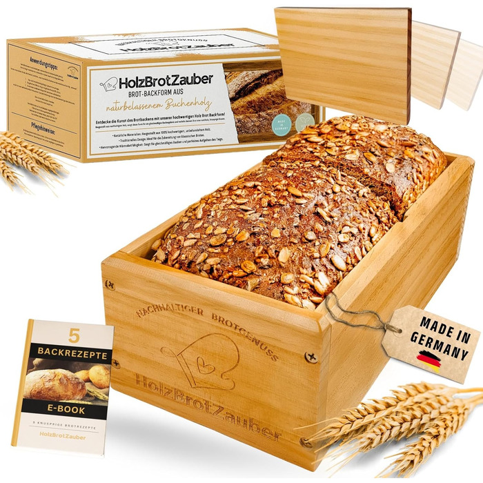HOLZBROTZAUBER 30cm Loaf Tin made of Beechwood - Bake your own bread Loaf Tin - integrated separator - wooden loaf tin for any bread - Beechwood baking box - bread baking frame for 1.5kg of bread