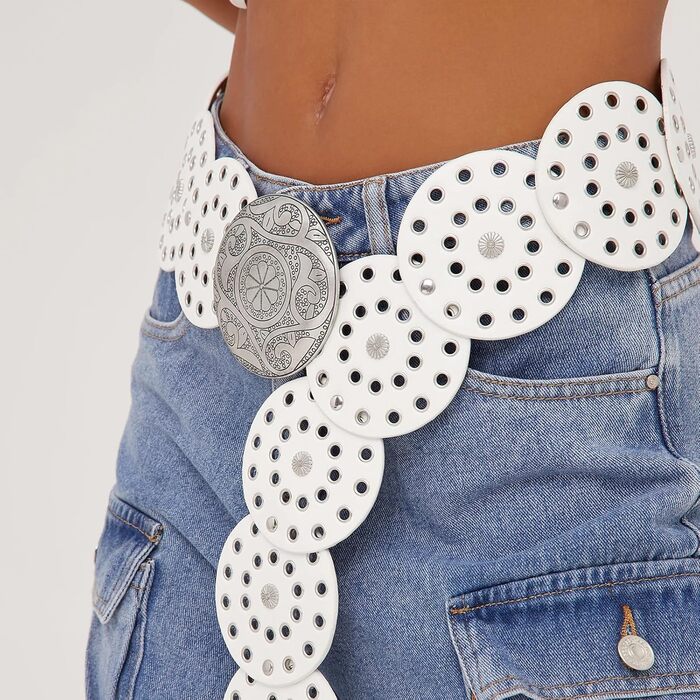 Жіночий шкіряний пояс LIMHOO з вирізами, білий, розмір XL (150 см) в стилі бохо вестерн