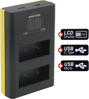 Зарядний пристрій Patona Dual LCD USB-C для акумуляторів Fujifilm NP-W126s/NP-W126 (X-T5, X-T50, X100VI, X-S10, X-T30, X-Pro3) з дисплеєм заряду + USB-кабель