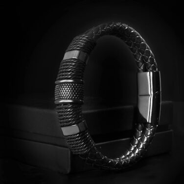 Чоловічий браслет UNIQAL з натуральної шкіри та нержавіючої сталі 'Premium Style' | Чорний колір, 23 см | Безкоштовна коробочка