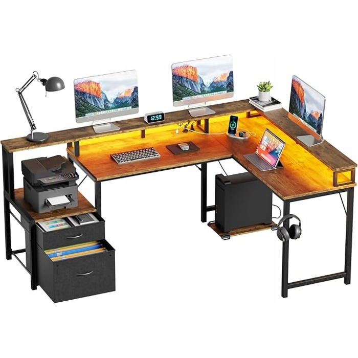 Великий кутовий ігровий стіл у формі L з LED-підсвіткою та полицею, 168x100 см