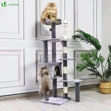 Кігтеточка Vounot для котів, стабільний комплекс, 115 см, сірий колір, з платформами та печерею