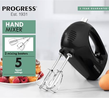 Електричний ручний міксер Progress EK5901PVDE – 250W, 5 швидкостей, знімні насадки, чорний (UK-штекер)