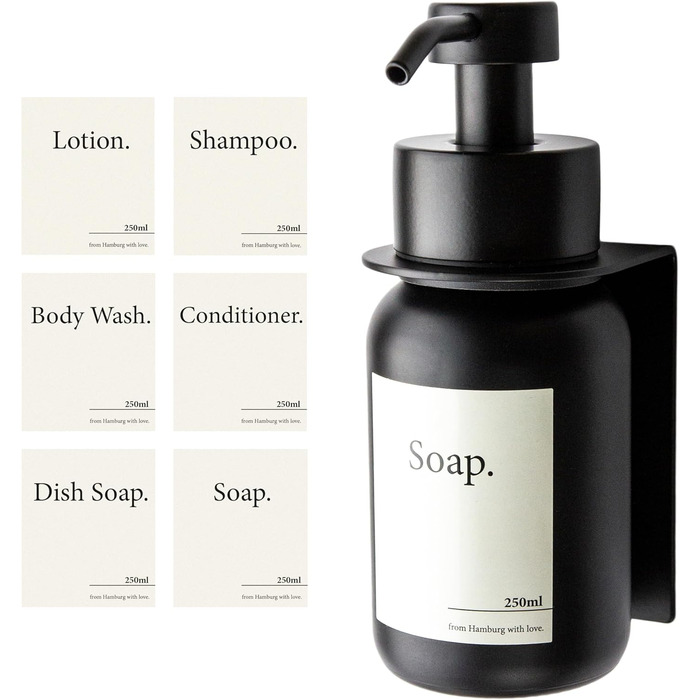 Designfabrik Hamburg | Self-Adhesive Wall-Mounted Glass Soap Dispenser | Stainless Steel Pump Dispenser for Liquid Soap | Dish Soap Dispenser No Drilling Required | with Wall Holder | Black/Black