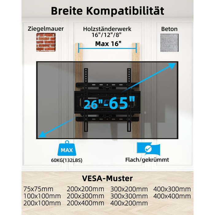 Кріплення для телевізора HOME VISION HV6401: поворотне та нахильне, для телевізорів 26-65 дюймів, універсальне, VESA 400x400, до 60 кг