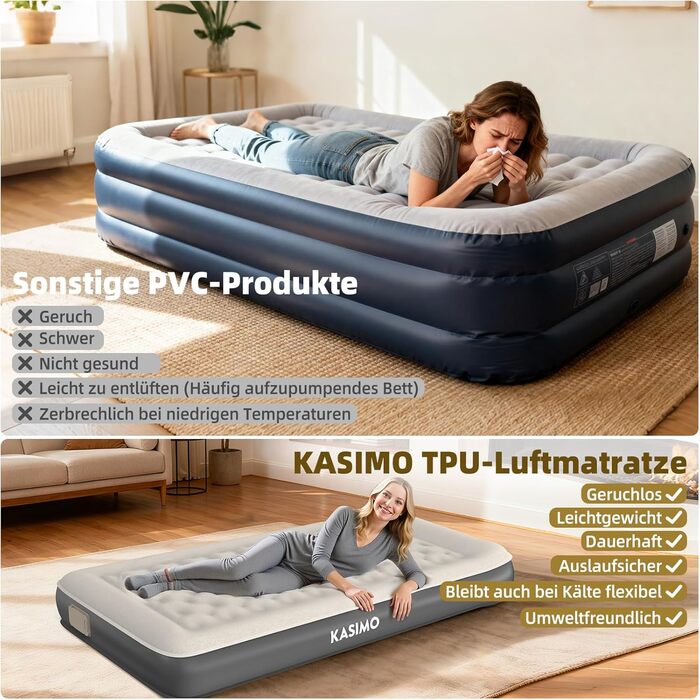 Надувний матрац KASIMO TPU самонадувний 1-місний з електричним насосом та подушкою, 190x90x22 см для дому та кемпінгу