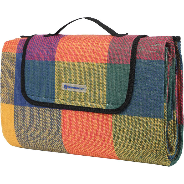 SONGMICS Плед для пікніка 195x150 см, вологостійкий, для парку, саду, пляжу, червоно-зелено-оранжевий, згинається, машинного прання, GCM50K