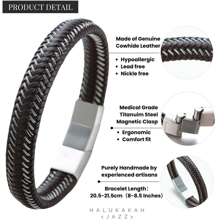 Чоловічий браслет Jazz Halukakah: шкіряний, ручної роботи, з нержавіючою сталлю, регульований розмір, подарункова коробка