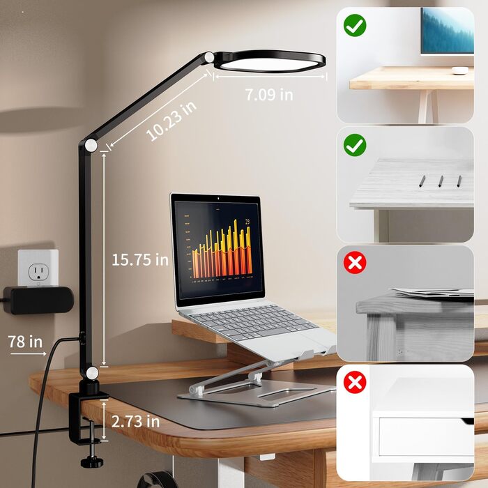 LED лампа настільна з регулюванням яскравості, захистом для очей, 3 режими, сенсорне управління, пам'ять, 15W, чорний (2 шт.)