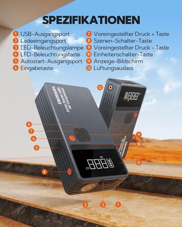 Powerbank Starthilfe JC8-12000mAh: Powerbank для авто з компресором, 12000mAh, LED-лампа, USB-C, ресeт-комплект