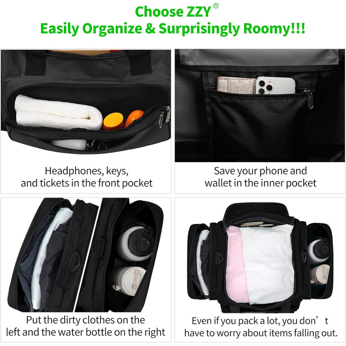 Sports Bag, Travel Bag, Fitness Bag with Shoulder Strap, Weekend Bag for Women and Men (Black, 40L)