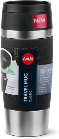 Термокружка Emsa N20202 Travel Mug Classic, 0.36 л, нержавіюча сталь, чорна | Зручний гвинтовий закриття, 4 год гаряче та 8 год холодне, 100% герметична, для миття в посудомийній машині, 360° отвір для пиття
