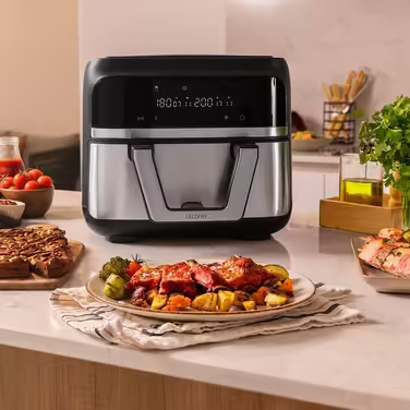 Cecotec Oil-Free Hot Air Fryer - 9L divisible into 2 - Air Fryer Cecofry Dual 9000. 2850W, dietary and digital, touch panel, dual temperature control, 6 modes, PerfectCook technology Black and Stainless Steel 1 9L basket + divider