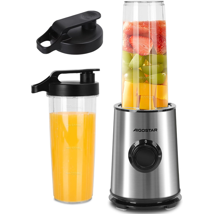 Блендер Aigostar для смузі, Mini Standmixer, 600W, 2 пляшки 800мл з кришкою, 2 швидкості + імпульсний режим, подрібнення льоду, пляшка Tritan, без BPA. Baron