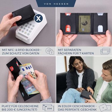 Шкіряний тонкий гаманець VON HEESEN з RFID-захистом, компактний картхолдер для чоловіків та жінок, чорний (гладка шкіра, XL відділення для монет)