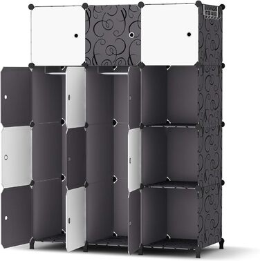 HOMIDEC Closet, Portable Storage System, 20-Cube Plastic Closet with 2 Clothes Rods, Bedroom Closet Wardrobe White for Bedroom, 180 x 142 x 45cm (12 cube, White & Black)