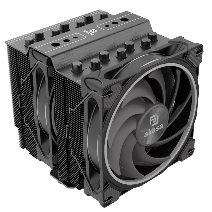 Akasa SOHO H4 Plus: Охолоджувач CPU з RGB підсвічуванням, 120мм вентилятор, мідні теплові трубки, 185W TDP, термопаста, чорний колір, підтримка Intel LGA 1851/20XX/1700/1200/115X та AMD AM4/AM5 Ryzen